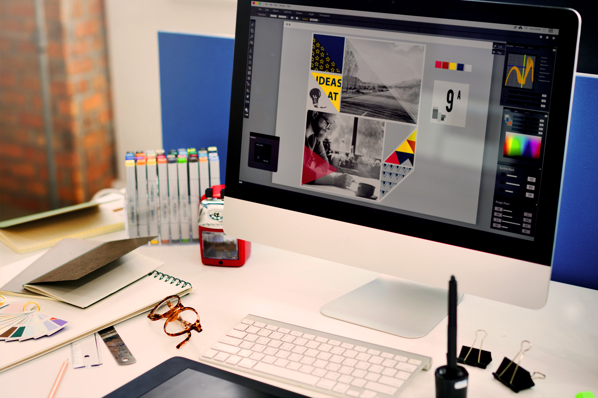 Diseño gráfico inclusivo 9 Ordenador con programa de diseño abierto para crear materiales gráficos inclusivos y accesibles, cumpliendo normativa y garantizando comprensión para todas las personas.