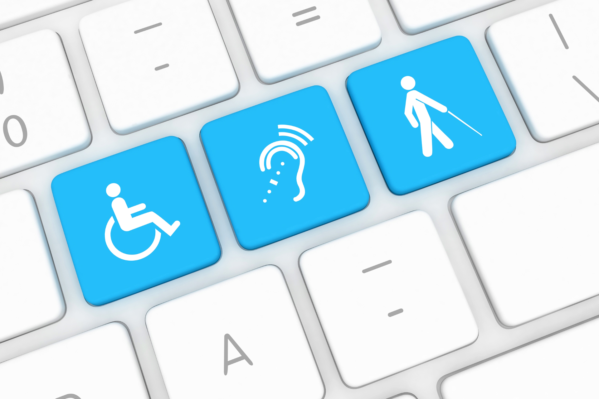 Formación en accesibilidad 5 Teclas de ordenador con iconos de accesibilidad para personas con discapacidad física, auditiva y visual.