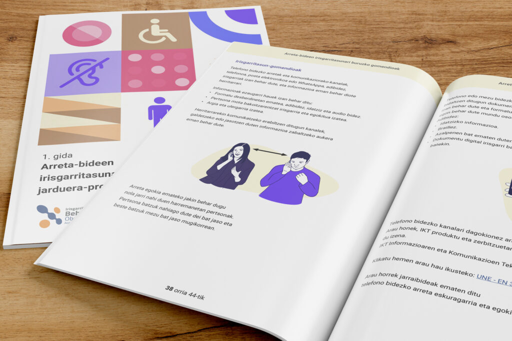 Vista de doble página de la Guía de protocolo accesible en Lectura Fácil en euskera, con ilustraciones de comunicación inclusiva por teléfono.