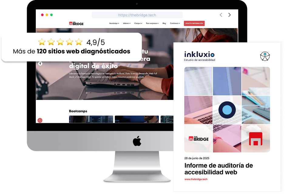 Mockup de un informe de una auditoría de accesibilidad mostrando una página web de The Bridge en pantalla de ordenador.